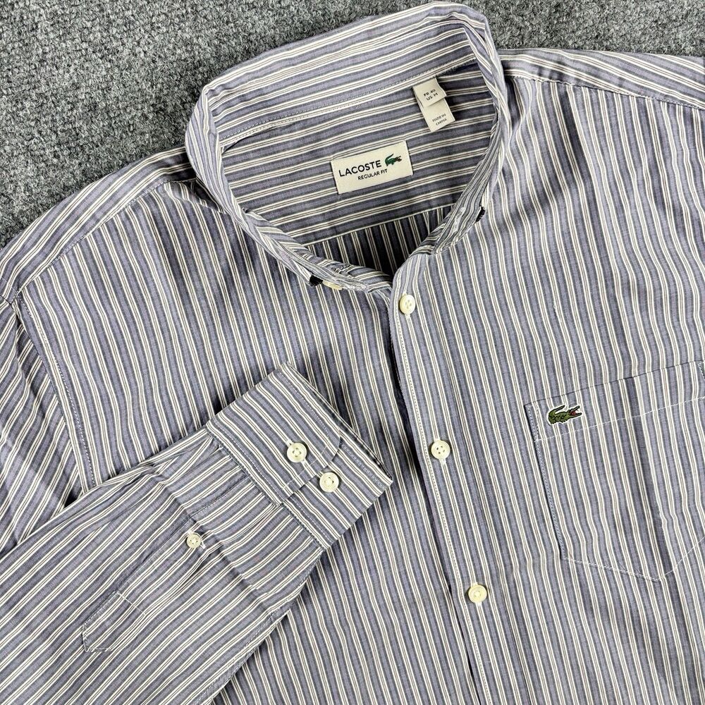 Lacoste Shirt Mens M US M Gray Blue Stripe Regular Fit Croc Pocket